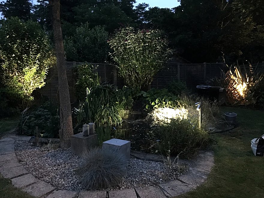 Garden lit at night with uplighting to planting and borders